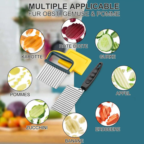 2 Piece Crinkle Cutter Set Stainless Steel Veggie Slicer For Potatoes Carrots And More Waffle Fries Chip Cutter French Fry Chopper Kitchen Gadget For Quick Healthy Dishes Easy Prep And Clean Up with images of sliced vegetables.
