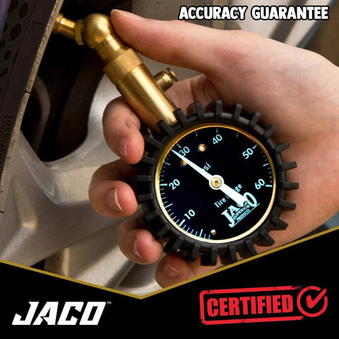 JACO Elite tire pressure gauge, 60 PSI, brass nozzle with black rubber protective housing