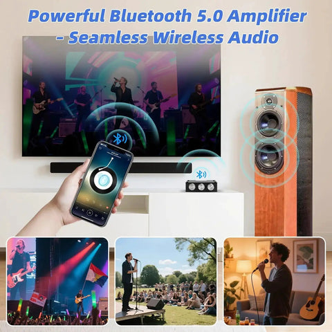 Beefy Bluetooth 5.0 HiFi Stereo Amplifier Board With 100W Per Channel, subwoofer ready setup with wireless audio control.