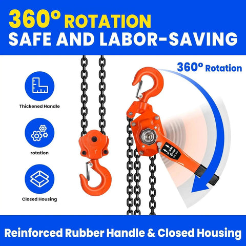8 Ton Lever Chain Hoist With Double Pawl Brake 10 Ft Lift G80 Galvanized Steel showing rotation feature and hooks