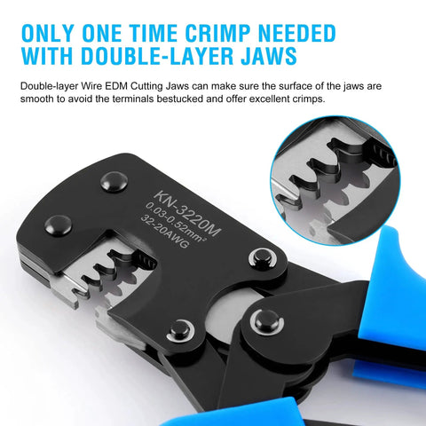 Micro Molex Crimper For D Sub JST and JAE connectors with EDM jaws, handles 32-20 AWG, made of alloy steel for electrical repairs.