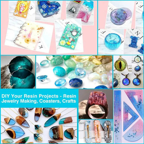 Image shows DIY resin projects with various colorful jewelry, coasters, and crafts using the 12 Colors Epoxy Resin Dye Kit.