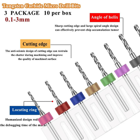 30Pcs Micro Drill Bit Set For Dremel And CNC Tools Tungsten Carbide Spiral Flute Bits 0.1mm to 3.0mm displayed with labeled features