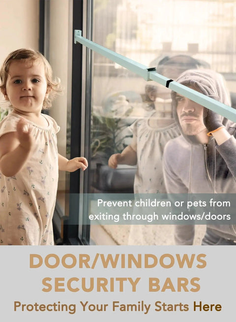 Extendable Sliding Door Security Lock Bar for Child Safety installed on glass door, preventing access, visible child indoors