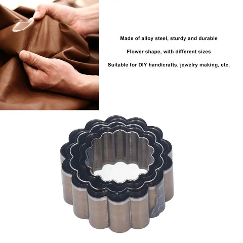Five Piece Flower Shaped Leather Cutter Set With Alloy Steel Hollow Punch Tools Ranging From 30mm To 50mm on display