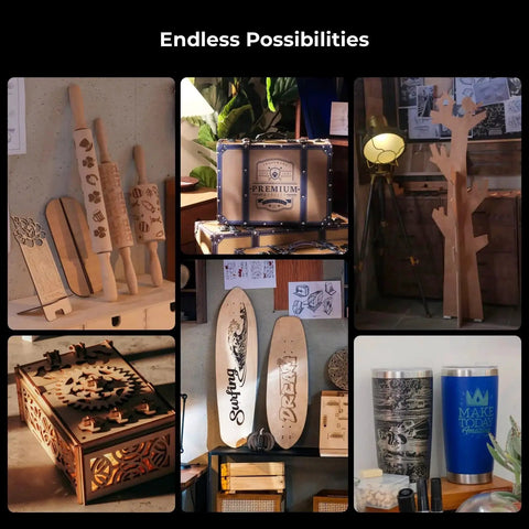 Collage of various engraved wooden items using Riser Base Upgrade For P2 CO2 Laser Cutter Lets You Engrave Ultra Thick Materials Up To 8.4 Inches, A Great Partner For Auto Conveyor Feeder, Boosts Batch Processing And Workpiece Clearance For Thick Engravings From xTool.