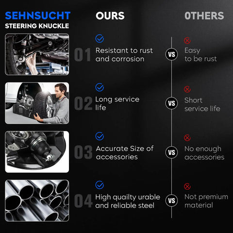 Comparison chart showing Sehnsucht steering knuckle advantages over others, including rust resistance and high-quality steel.