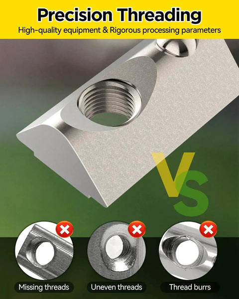 Close-up view of precision threading in ball spring T slot nut for 4040 aluminum extrusion M8, highlighting threading issues.
