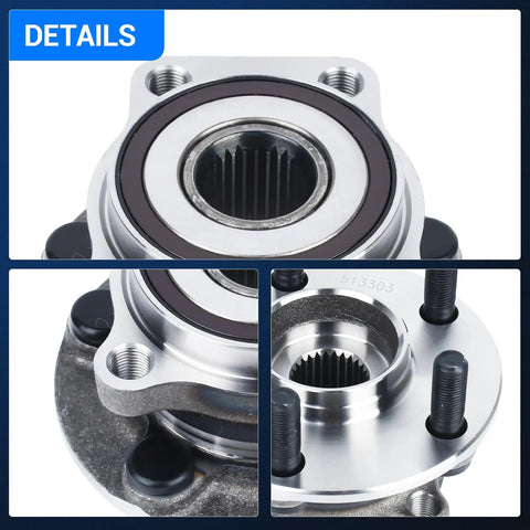 Close-up of Front Wheel Bearing Hub Assembly Fits Subaru Forester 2009 To 2014 Impreza 2008 To 2014 WRX 2013 To 2014 XV Crosstrek 2013 To 2014 5 Lug With ABS Replacement To Beef Up Your Ride And Keep It Smooth And Quiet, showing detailed view of bolts and bearing.