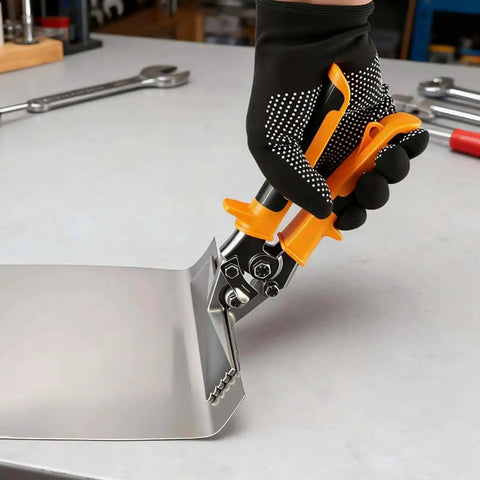 Person using 3 Inch Sheet Metal Hand Seamer With CRV Steel Body And TPR Handle, Straight Jaw Duckbill Pliers for bending metal sheet