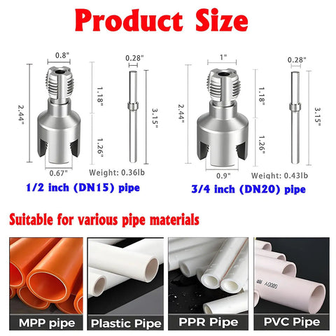 Diagram of Dual Function Pipe Threading Tool For Internal And External Threads That Works With PVC One Half Inch And Three Quarter Inch Sizes Electric Drill Compatible Rethreading Tool For Plastic Pipes showing product dimensions.