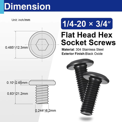 30 Pcs 1/4-20 X 3/4 Flat Head Socket Cap Screws Bolts In 304 Stainless Steel With Black Zinc Plated Finish, diagram view.