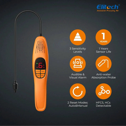 Automotive Refrigerant Leak Detector Pro With Heated Diode Sensor For Freon Leaks Detects R134A R410A R1234YF R600A R290 And All Halogenated Refrigerants Two Detection Modes Automatic And Manual Upgraded LD 100 Plus Long Life Sniffer with orange handheld design and digital display.