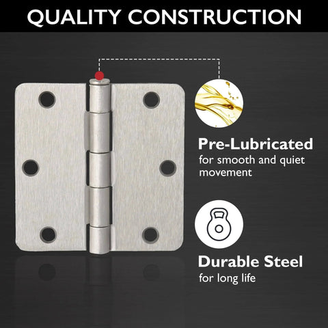 Interior Door Frame Hinges 3-Pack, Water-Resistant And Pre-Lubricated For Left Or Right Handed Doors, Steel Construction, Satin Nickel Finish