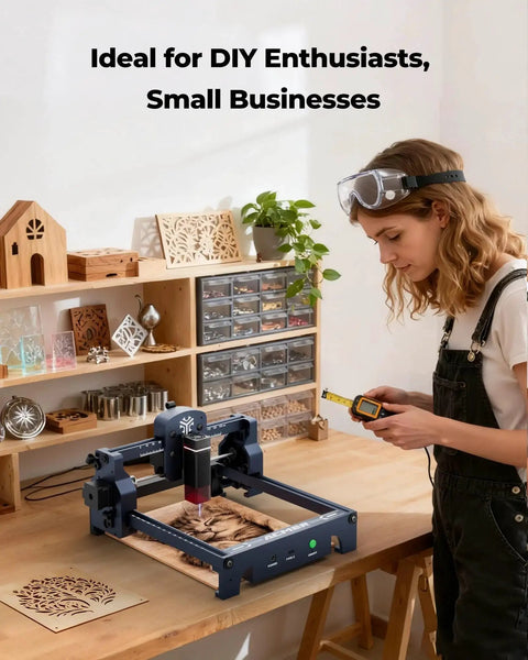 Woman using Powerful 6000mW Desktop Laser Engraver With 130x130mm Working Area And 0.04mm Spot, S1 Model for home workshop.