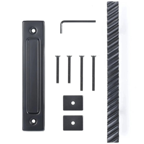 Solid Brass Sliding Barn Door Handles Set Featuring 12 Inch Two Sided Design Heavy Duty Mounting Hardware shown unassembled