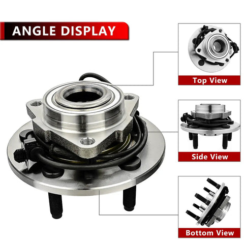 4x4 Front Wheel Bearing Hub Assembly With ABS For 2002 2003 2004 2005 Dodge Ram 1500 5 Lug 4WD Wheel Hub Replacement Kit, angle views.