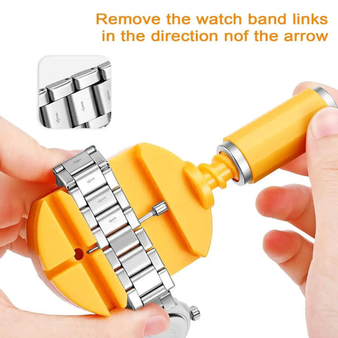 Hands using 32 Piece Watch Link Removal Kit With Pro Band Replacement Tool For DIYers, 10 Spare Spring Bars And 10 Cotter Pins