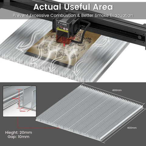 Honeycomb Laser Bed Modular Kit 400x400mm for laser engravers cutting wood, aluminum build, smoke control, desktop protection.