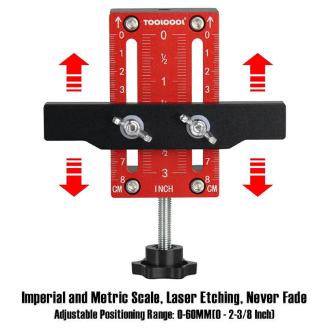 Front view of Aluminum Alloy Cabinet Door Mounting Jig with Built In Screw Clamp, red and black, for easy cabinet door installation.