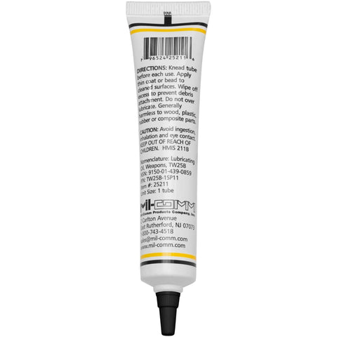 Mil-Comm TW25B gun grease lubricant tube, 1.5 oz, white tube with black nozzle