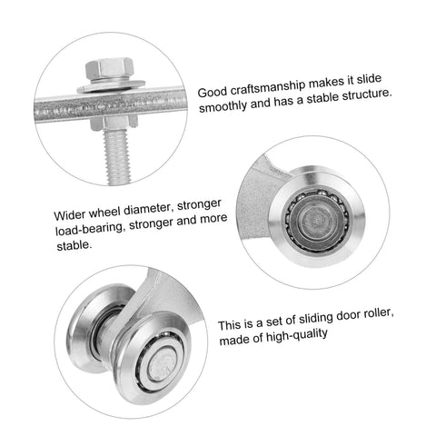 Beefy Heavy Duty Sliding Track Roller For Industrial Doors And Furniture Closets And Cabinets shown with close-up views of roller wheels