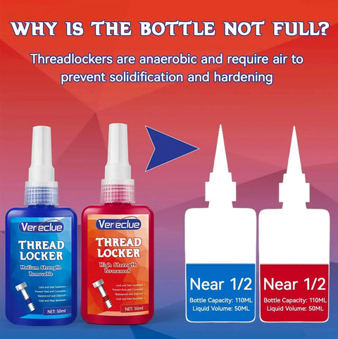 Blue And Red Thread Lock Set 50ml Each Medium Strength Blue And High Strength Red Thread Lock displayed with bottle diagram