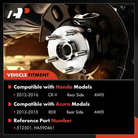 Image of rear wheel bearing and hub assembly for Honda CR-V 2012-2016 and Acura RDX 2013-2015 AWD, 5-lug heavy-duty replacement.
