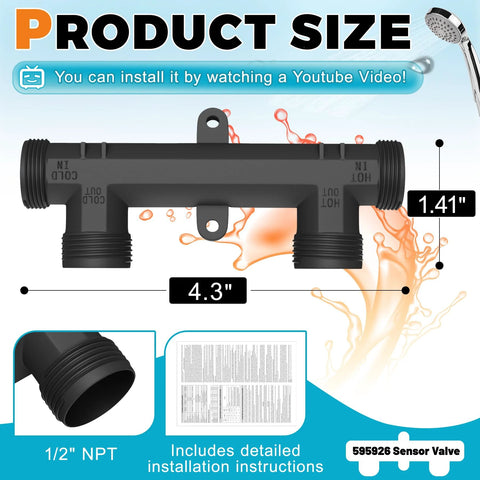 Sensor valve for hot water recirculating pumps, 1/2 in NPT thread, 4.3 in long black plastic body
