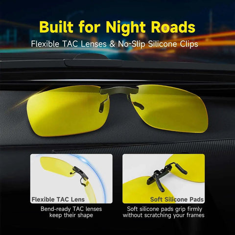 Night Vision Clip On Glasses 2 Pack Polarized Yellow Lens UV400 Anti Glare Driving Clip Over Prescription Glasses 57x40mm