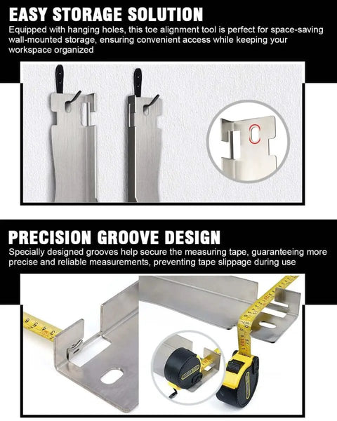 Heavy Duty Toe Alignment Tool Plates with tape measures, stainless steel, hanging holes, side view, and wall-mounted storage option.