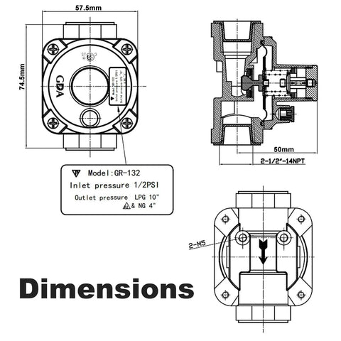 Technical drawing of Dual Fuel Gas Regulator For Natural Gas And LPG Convertible with dimensions and specifications.