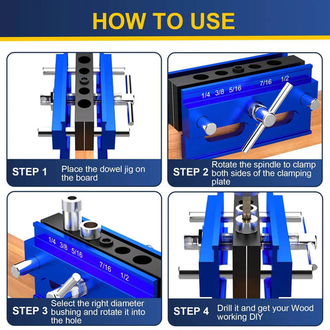 How-to guide for using the Steady Self Centering Dowel Jig Kit For Straight Holes And Biscuit Joinery with adjustable width and bushings