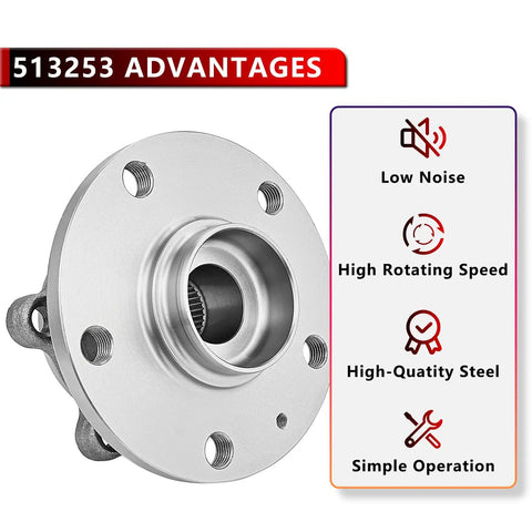 Front Wheel Bearing Hub Direct Replacement For Audi TT Quattro 08-12, A3 Quattro 06-13 with features displayed