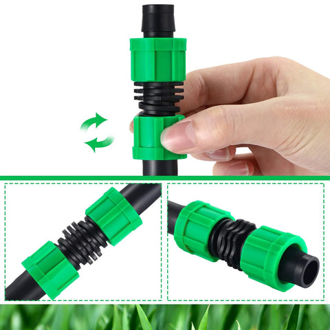 Hotop 12-piece 5/8-inch drip irrigation coupling set; green plastic connectors on black tubing, shown installed and in close-up views.