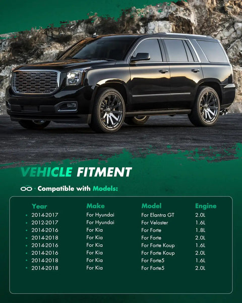 Black SUV with fitment chart detailing compatibility for Hyundai and Kia models on rocky terrain background.