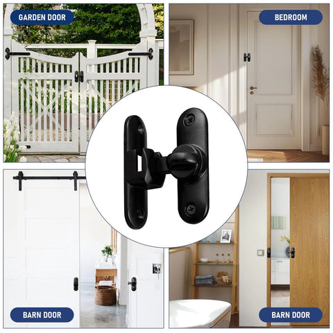 Crazy Tough Heavy Duty Barn Door Lock 90 And 180 Degree Flip Latch Kit Thickened Solid Gate Latch For Cabinets Bathrooms Sliding Doors And Windows Black 1 Pack With Anti Theft Knob Lock For Extra Security shown installed on various doors.