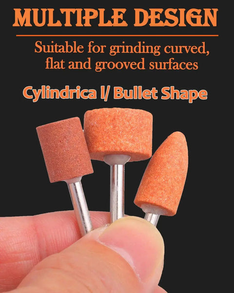 Close-up of 60 Pack Grinding Stone Set With One Eighth Inch Shank For Rotary Tools Aluminum Oxide Grinding Bits, cylindrical and bullet shape