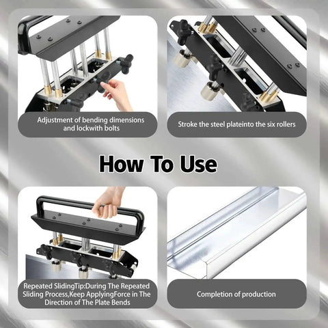 Instructions for using Three Station Edge Roller Bender For Sheet Metal, Adjustable From Zero To Ninety Degrees, Delivers Five Eighth Inch To Four Inch Bends In Twenty Nine To Twenty Two Gauge Steel, Heavy Duty Workhorse Sheet Metal Bender For Metal Roofing Projects