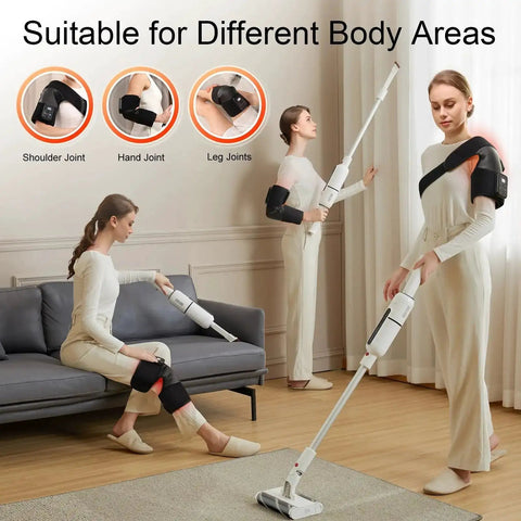 Cordless Knee Massager With Heat And Vibration demonstrated on knee and shoulder, suitable for pain relief in different body areas
