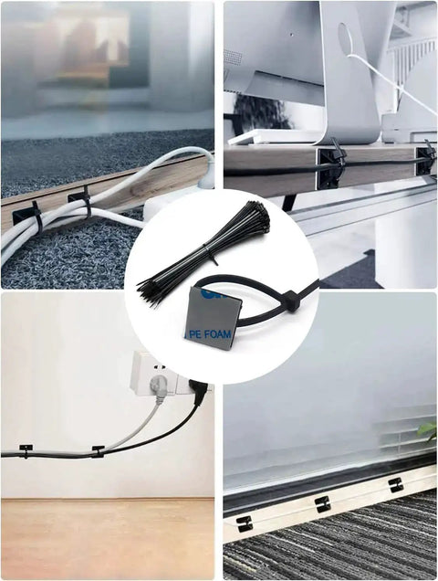 Self Adhesive Cable Zip Tie Mounts Kit With 3M Strong Adhesive, 100 Mounts And 100 6 Inch Nylon Ties, Sticky Outdoor Wire Organizer Clips For Easy Cable Management Black shown securing cables on various surfaces.