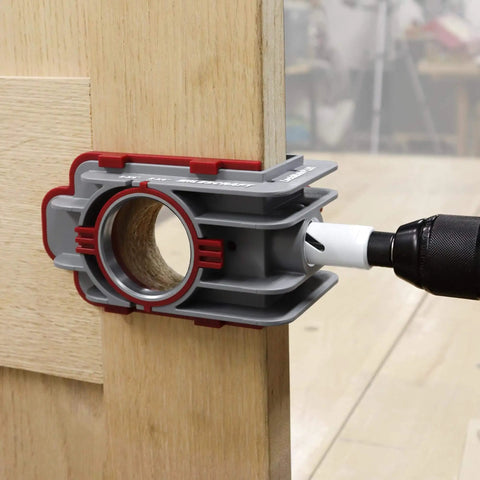 Self Clamping Door Lock Jig Kit For Installing Locks Handles And Hinges With Bi Metal Hole Saws in use on wooden door