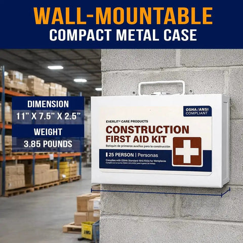 Industrial Grade Metal First Aid Kit For Contractors And Construction Sites With OSHA Compliance mounted on warehouse wall