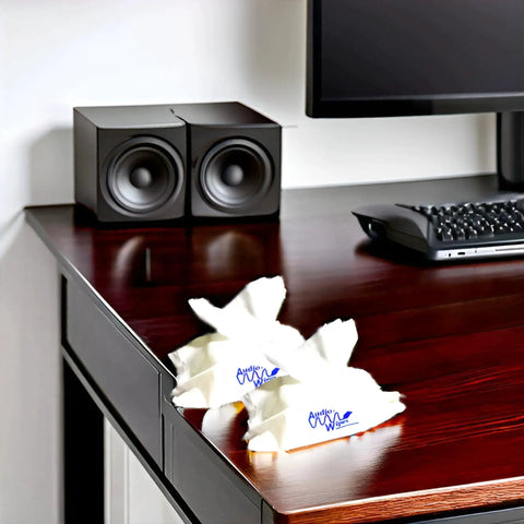 Hearing Aids Cleaning Towelettes Pouch Two Pack Alcohol Free Safe For Rubber on desk next to computer speakers