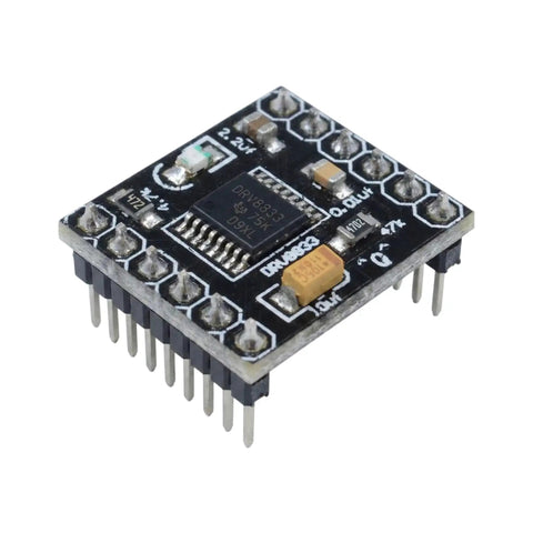 Top view of a Two Channel Motor Driver Module For Arduino Raspberry Pi And ESP32 ESP8266 With Presoldered Pins, showing dual H-bridge layout.