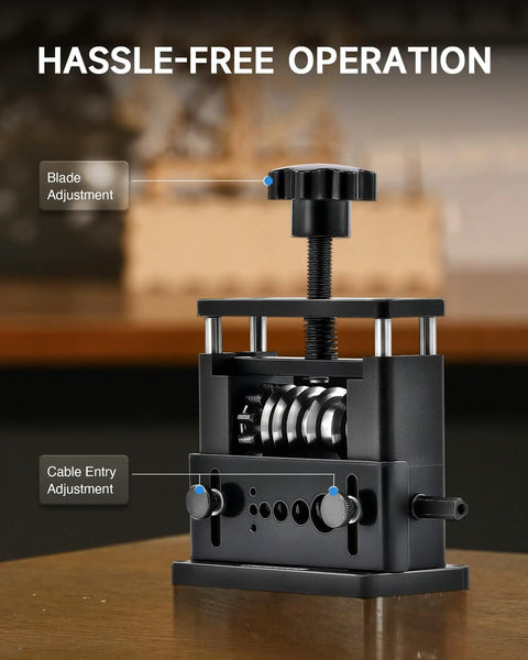 Manual Wire Stripping Tool With Hand Crank And Drill Power For Scrap Copper Cables, front view with blade and cable entry adjustments.