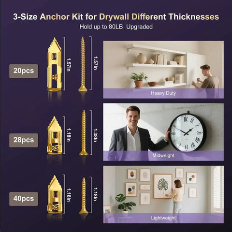 88 Pieces Self Drilling Drywall Anchors And Screws Kit With Two Anchor Sizes And Three Expansion Screw Sizes Zinc Plated Steel No Drill Required Heavy Duty Holds Up To 80 Lbs For Picture Frames Shelves And Wall Decor displayed with size options and installation examples on drywall.