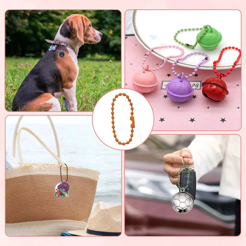 400 Pcs Ball Bead Chain Set With 3.94 Inch Dog Tag Chains Includes 100 Silver Replacement Buckles For Jewelry Making And DIY Crafts, Multicolor Ball Chains With Storage Box shown in multiple uses including dog tag, keychain, and bag charm.