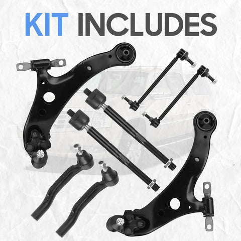 Front view of 8-piece suspension kit with black front lower control arms, ball joints, and tie rods for 2004-2010 Toyota Sienna