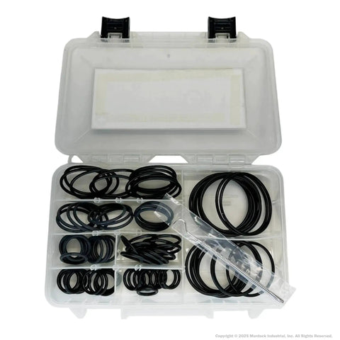 All In One Heavy Duty SAE Hydraulic O Ring Flange Kit With 80 Buna 90 O Rings For Code 61 And Code 62 High Pressure Seals Sized From One Half Inch To Two And One Half Inch Includes Eight SAE Sizes From Eight Through Thirty Two in open plastic case